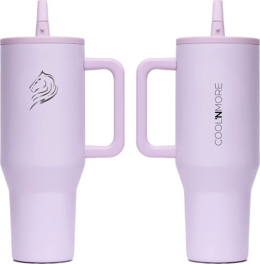 Cool'NMore Traveller Tumbler Handled Tumbler Thermos Stainless Steel BPA Free 1lt Iris Purple with Straw and Handle