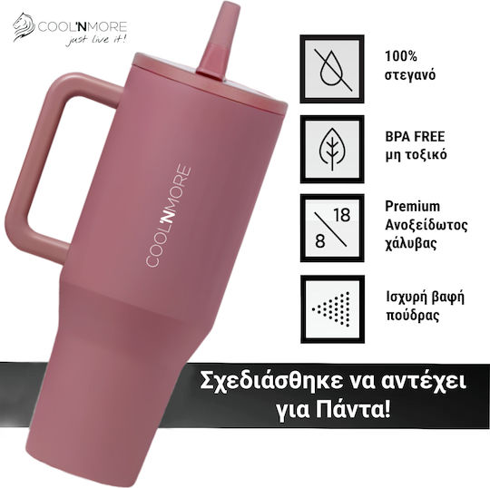 Cool'NMore Traveller Tumbler Handled Tumbler Thermos Stainless Steel BPA Free 1lt Smoke Pink with Straw and Handle 6523362