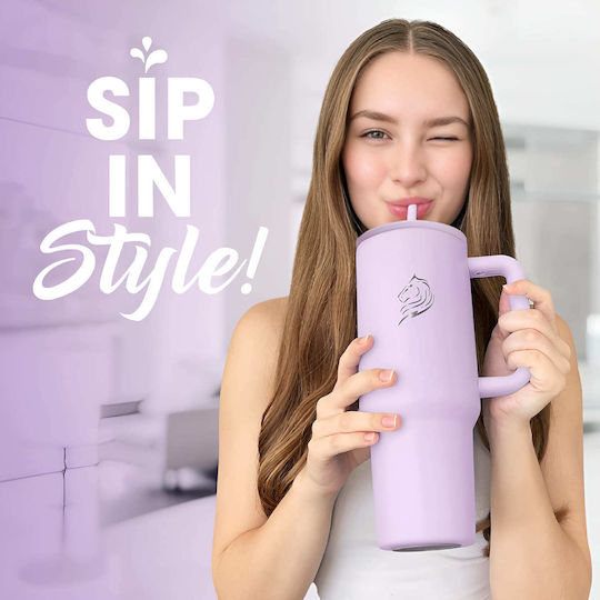 Cool'NMore Traveller Tumbler Handled Tumbler Thermos Stainless Steel BPA Free 1lt Iris Purple with Straw and Handle