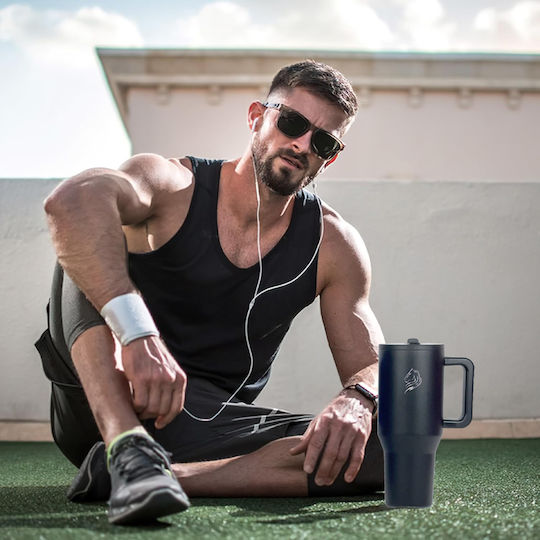 Cool'NMore Traveller Tumbler Handled Tumbler Thermos Stainless Steel BPA Free 1lt Obsidian Black with Straw and Handle