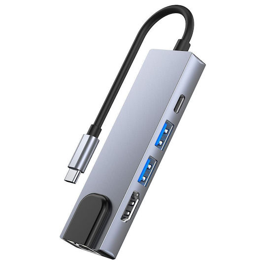 Tech-Protect V3 5in1 USB-C Докинг станция с HDMI 4K PD Етърнет и свързване 4 монитора Сив
