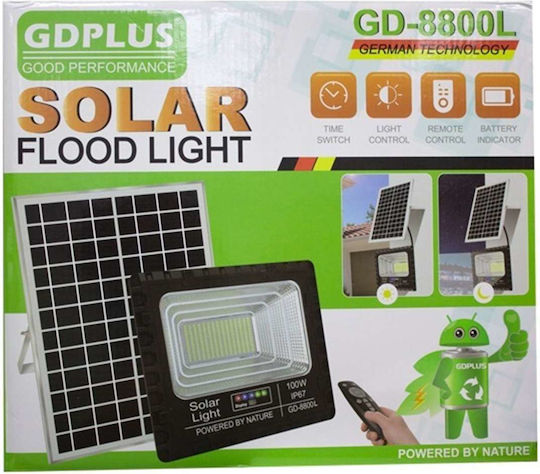 GDPLUS Στεγανός Ηλιακός Προβολέας LED 100W Ψυχρό Λευκό 6500K με Τηλεχειριστήριο IP67