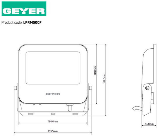Geyer Στεγανός Προβολέας LED 50W Φυσικό Λευκό 4000K IP65