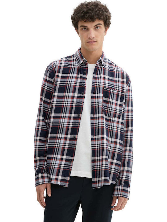 Long-sleeved Cotton Shirt Checked Navy Blue