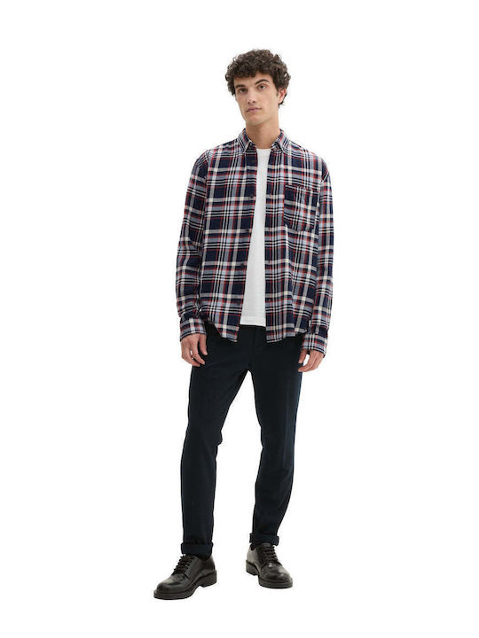 Long-sleeved Cotton Shirt Checked Navy Blue