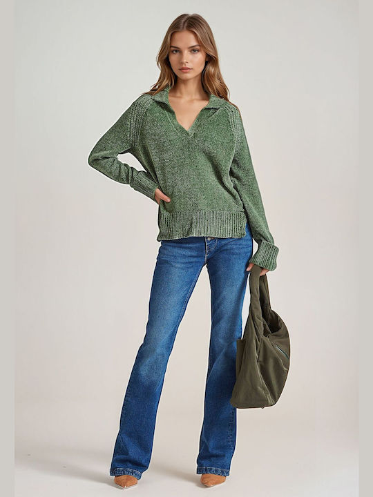 Funky Buddha Women's Long Sleeve Sweater with V Neckline Green