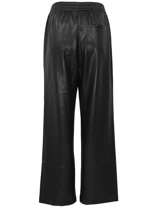 See U Soon Women's High-waisted Leather Capri Trousers Flare with Elastic Black