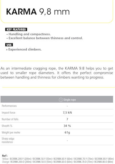 Beal Karma C098K.80.Y Δυναμικό Σχοινί Ορειβασίας με Μήκος 80m Κίτρινο
