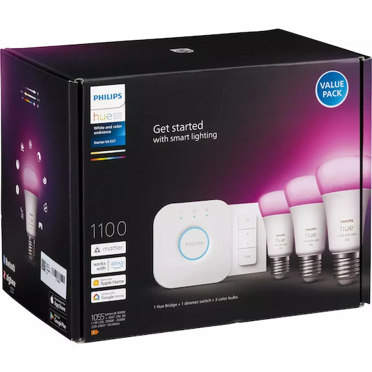 Philips Smart Bulbs LED 11W for Socket E27 and Shape A60 RGBW 1055lm 3pcs