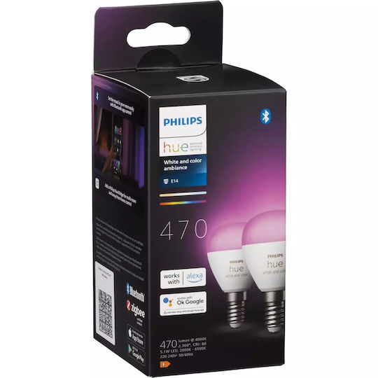 Philips Becuri Smart LED 5.1W pentru Dulie E14 și Formă P45 RGBW 470lm Reglabil în intensitate 2buc