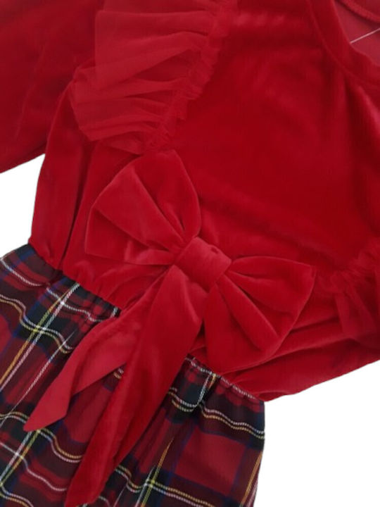 Children's Dress Long Sleeve Tulle Checked Red Checked