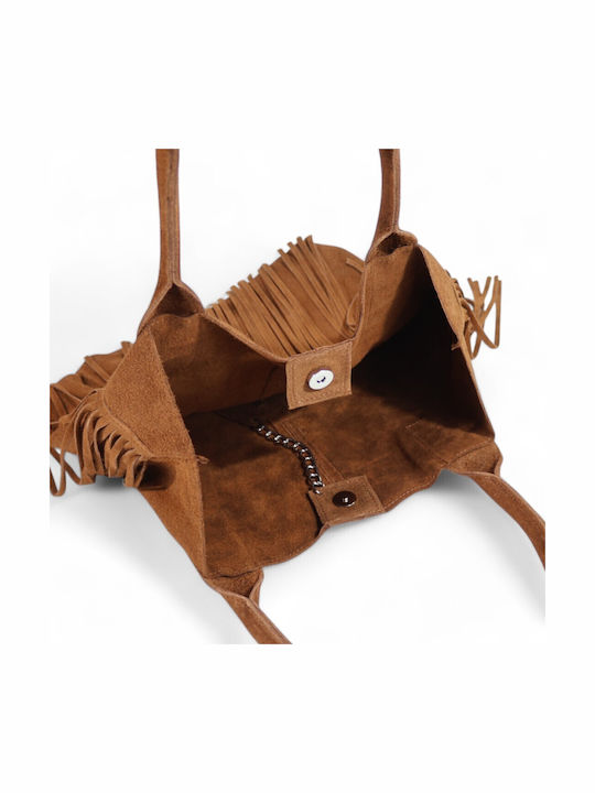 Damen-Shopper aus Leder und Wildleder mit Fransen Dunkles Cognac