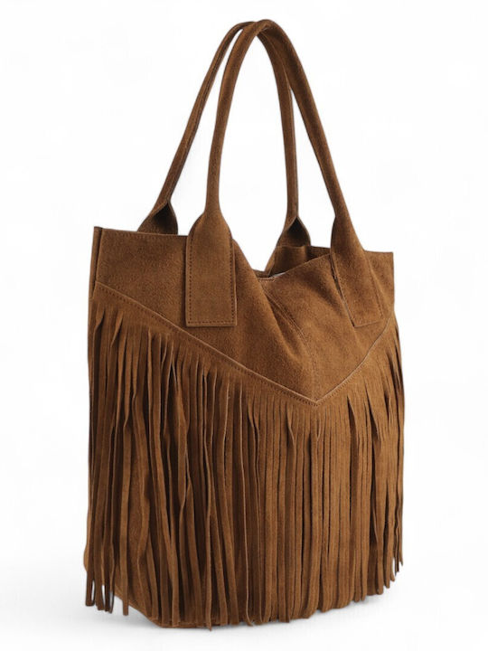 Damen-Shopper aus Leder und Wildleder mit Fransen Dunkles Cognac