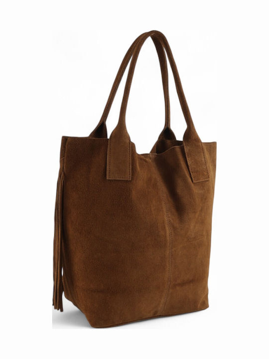 Damen-Shopper aus Leder und Wildleder mit Fransen Dunkles Cognac