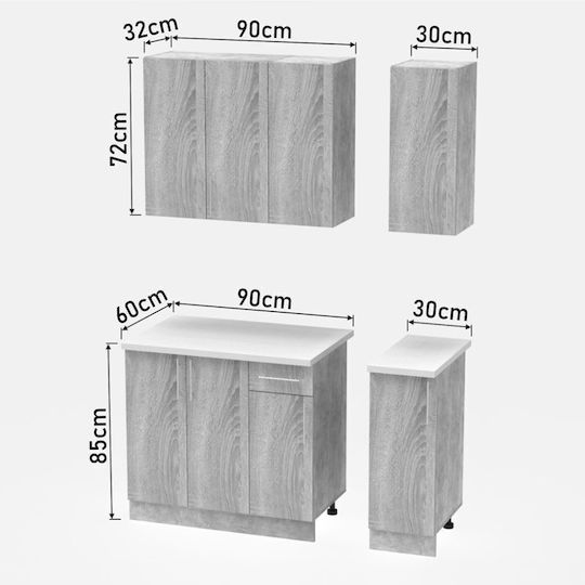 Festa Ii Set Hängeschränke & Bodenschränke Küche mit Arbeitsplatte Gray 120x60x85Stück