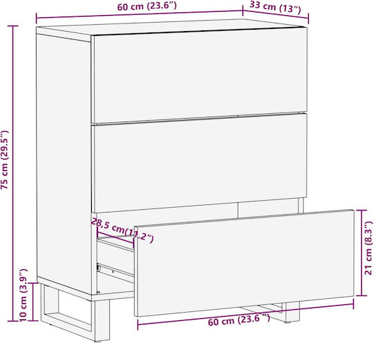 Comoda pentru Dormitor din Lemn Masiv & Metal Negru 60x33x75buc
