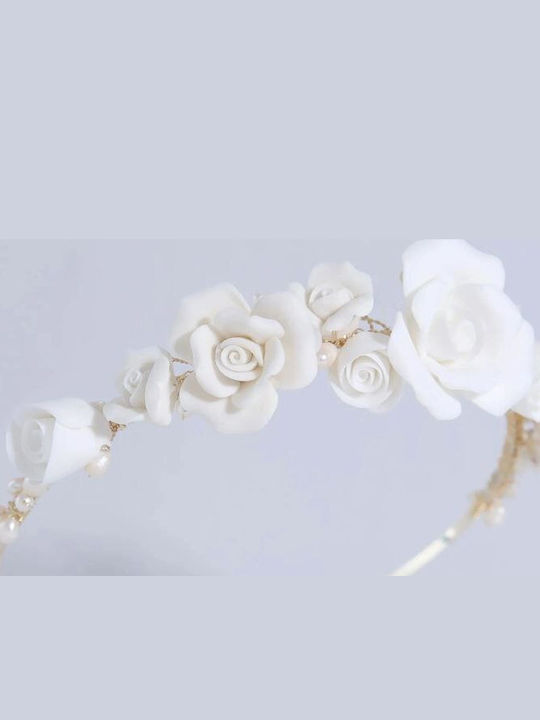 Bridal Headband Ceramic White Flower Petals White Pearls Azalia