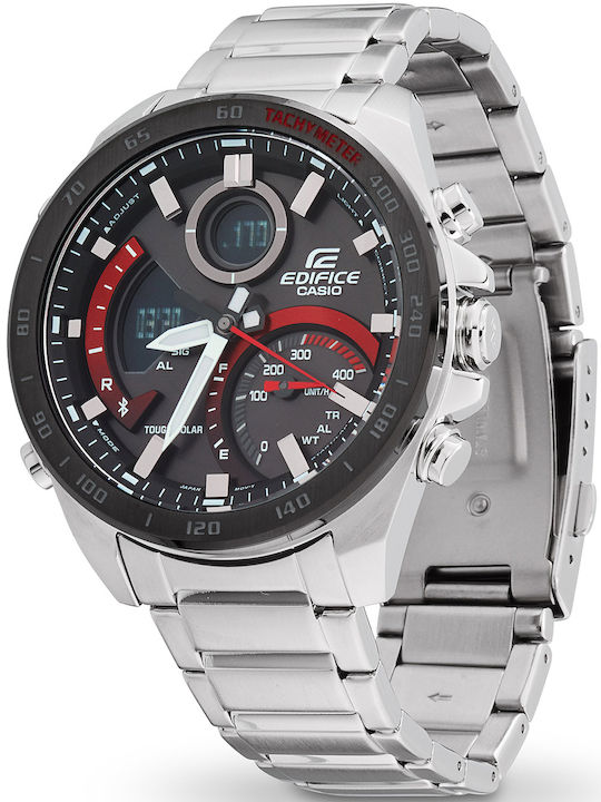 Casio Edifice Analog/Digital Herrenuhr 48mm Chronograph Solar mit Silber Metallarmband