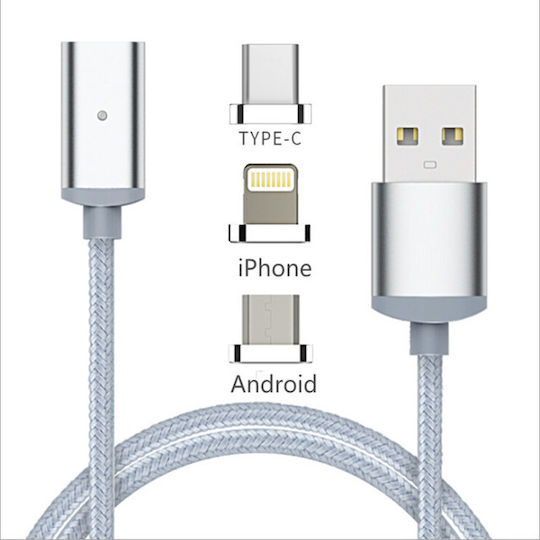 Magnetic USB to Lightning / Type-C / micro USB Cable Ασημί (TH-631)