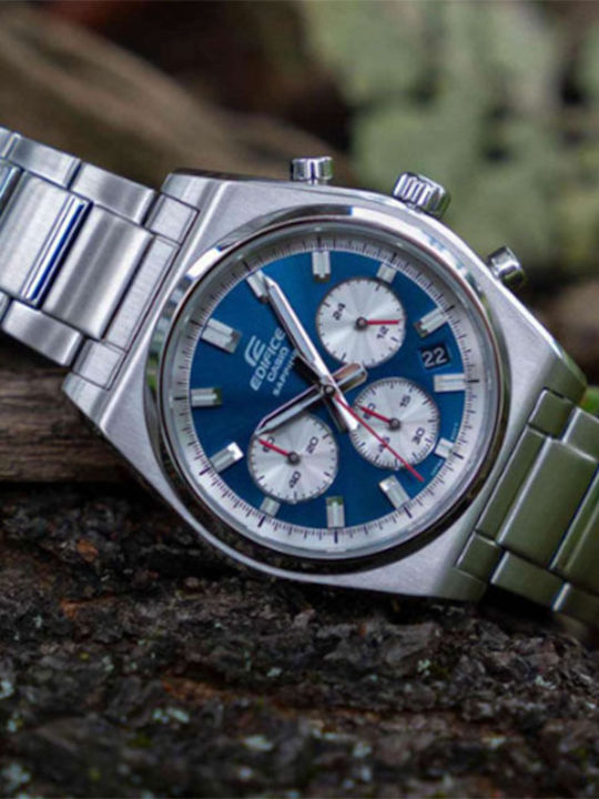 Casio Edifice Ανδρικό Ρολόι 47mm Χρονογράφος Μπαταρίας με Ασημί Μεταλλικό Μπρασελέ