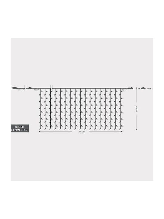 Curtain 150 LED 3mm 31V Transformer 8 Programs & Memory Green PVC Cable Warm White LED 300x100cm 15g x 10 LED Extension Supply 5m IP44