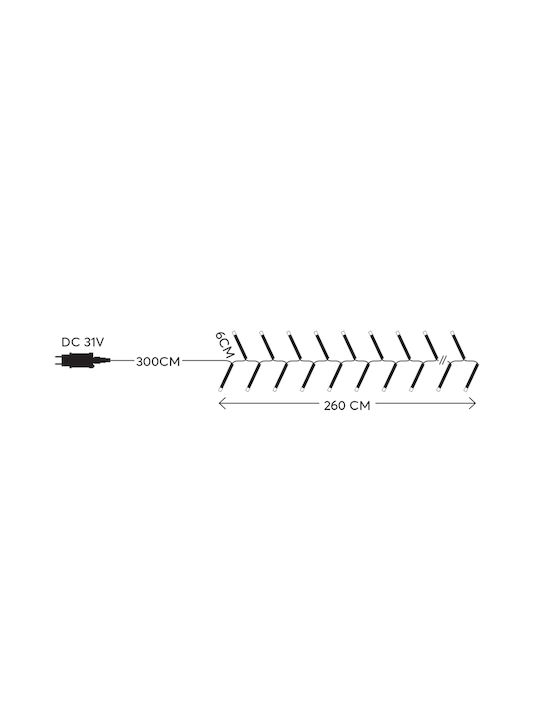 Cluster 2.6m 288 LED 3mm 31v Transformer 8 Programs & Memory Transparent PVC Cable Warm White LED 3m Extension Supply IP44