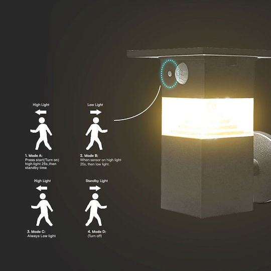 V-TAC Wall Mounted Solar Light 3W 250lm Warm White 3000K with Motion Sensor IP54 16.2cmx14.5cmx17cmcm
