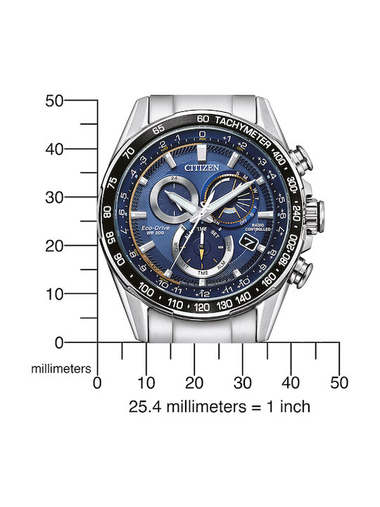 Citizen Ανδρικό Ρολόι 44mm Χρονογράφος Eco - Drive με Ασημί Μεταλλικό Μπρασελέ
