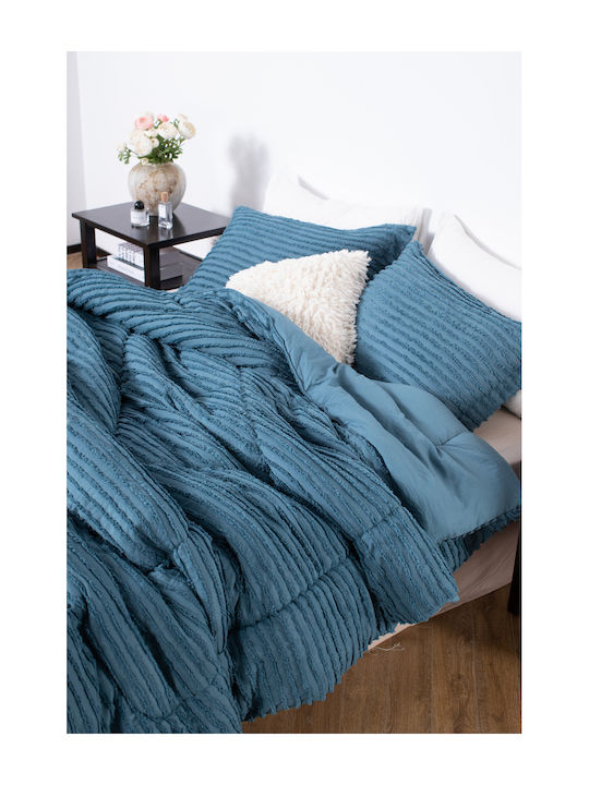 Saray Home Duvet Set Queen with Microfiber Filling 220x240cm Ruffles Petrol Blue 3pcs 200 GSMGsm