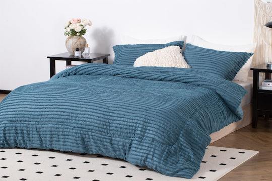 Saray Home Set Pilotă Super Dublu cu Umplutură Microfiber 220x240cm Ruffles Benzină 3buc 200 g/mp²Gsm