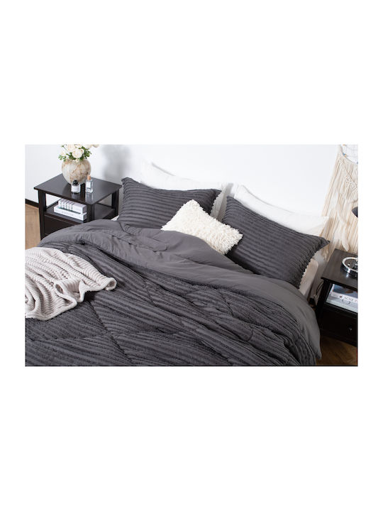 Saray Home Duvet Set Queen with Microfiber Filling 220x240cm Ruffles Charcoal 3pcs 200 GSMGsm