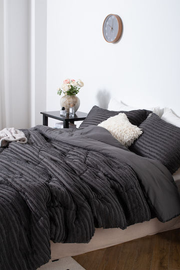 Saray Home Duvet Set Queen with Microfiber Filling 220x240cm Ruffles Charcoal 3pcs 200 GSMGsm