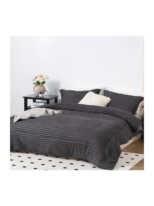 Saray Home Duvet Set Queen with Microfiber Filling 220x240cm Ruffles Charcoal 3pcs 200 GSMGsm