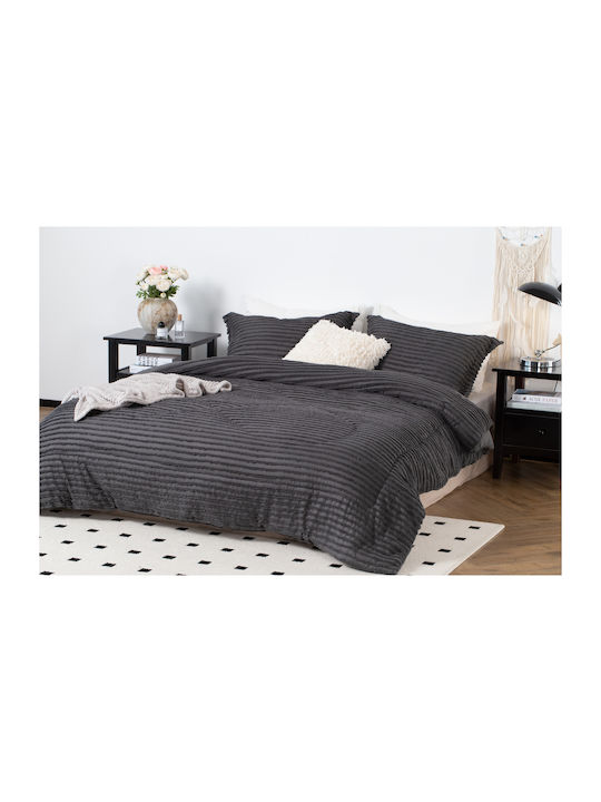 Saray Home Duvet Set Queen with Microfiber Filling 220x240cm Ruffles Charcoal 3pcs 200 GSMGsm