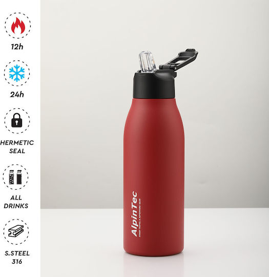 AlpinPro Μπουκάλι Θερμός Ανοξείδωτο 600ml Κόκκινο με Καλαμάκι