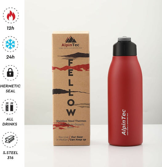 AlpinPro Μπουκάλι Θερμός Ανοξείδωτο 600ml Κόκκινο με Καλαμάκι