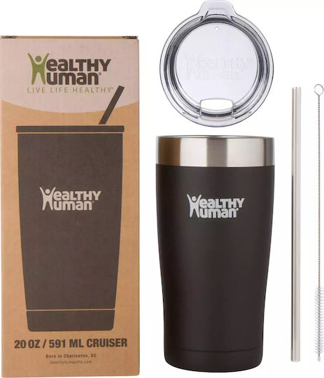 Healthy Human Cruiser Glass Thermos Stainless Steel BPA Free 591ml Black with Straw
