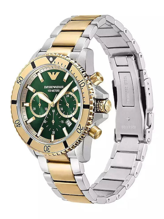 Emporio Armani Diver Ανδρικό Ρολόι 43mm Χρονογράφος Μπαταρίας με Χρυσό Μεταλλικό Μπρασελέ
