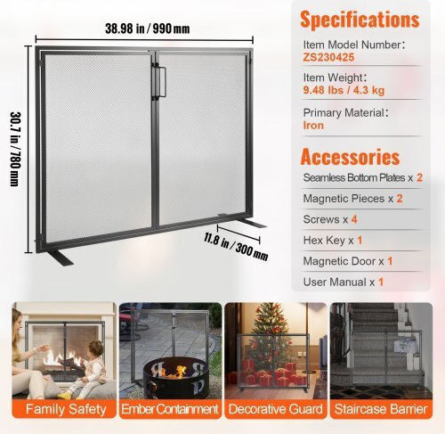 Vevor Ecran de protecție pentru șemineu din metal 99x78cm Gri