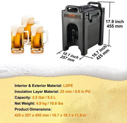 Vevor Thermal Beverage Dispenser 2.5 Gallons LDPE Food Grade Dual Use for Restaurants & Beverage Shops Ylhlqqfx25gauqgs8v0