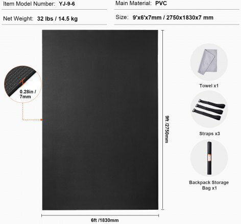 Vevor Exercise Mat Black with Carry Strap (274.32x182.88cm)