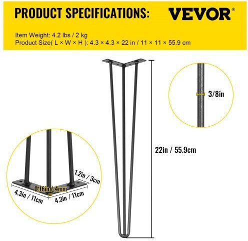 Set of 4 Black Table Legs Vevor 22" Weight 220lbs Carbon Steel Tzzt4pcs22yc3g001v0