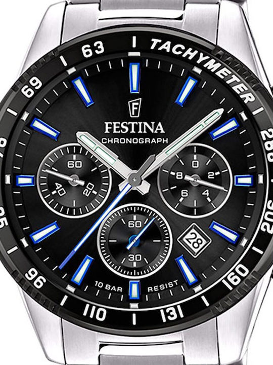 Festina Ανδρικό Ρολόι 45mm Χρονογράφος Μπαταρίας με Ασημί Μεταλλικό Μπρασελέ
