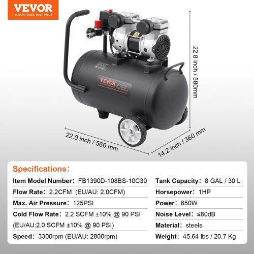 Vevor Air Compressors 80dB with Power 1hp and Airtank 8lt WYWSKYJ30L75E7TAMV2