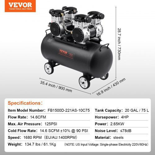 Vevor Κομπρεσέρ Αέρος 78dB με Ισχύ 4hp και Αεροφυλάκιο 20lt