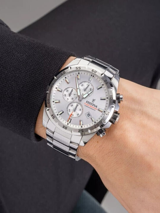 Festina Ανδρικό Ρολόι 45mm Χρονογράφος Μπαταρίας με Ασημί Μεταλλικό Μπρασελέ