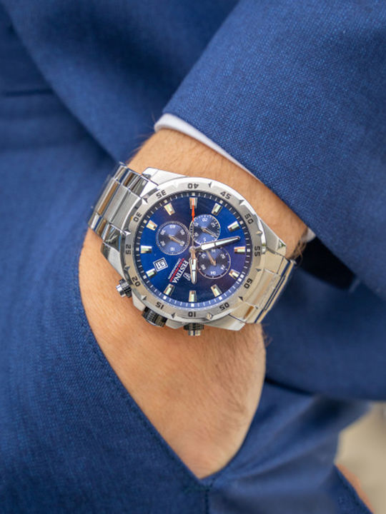 Festina Ανδρικό Ρολόι 44mm Χρονογράφος Μπαταρίας με Ασημί Μεταλλικό Μπρασελέ