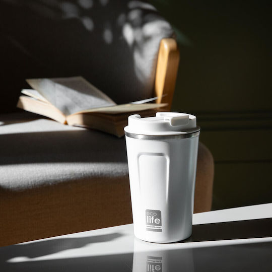 Ecolife Coffee Cup Glass Thermos Stainless Steel BPA Free 370ml Ice White with Mouthpiece