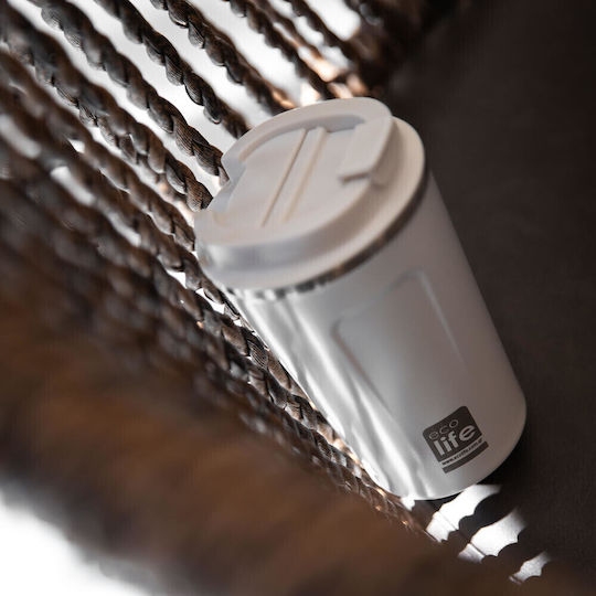 Ecolife Coffee Cup Glass Thermos Stainless Steel BPA Free 370ml Ice White with Mouthpiece