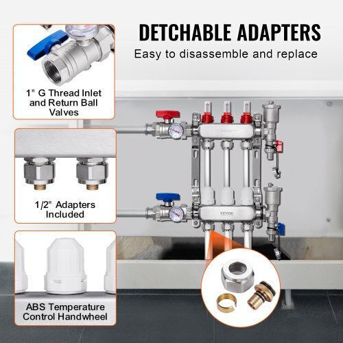 Vevor 3-Branch Floor Heating Manifold Set Pex Pipes 1/2"
